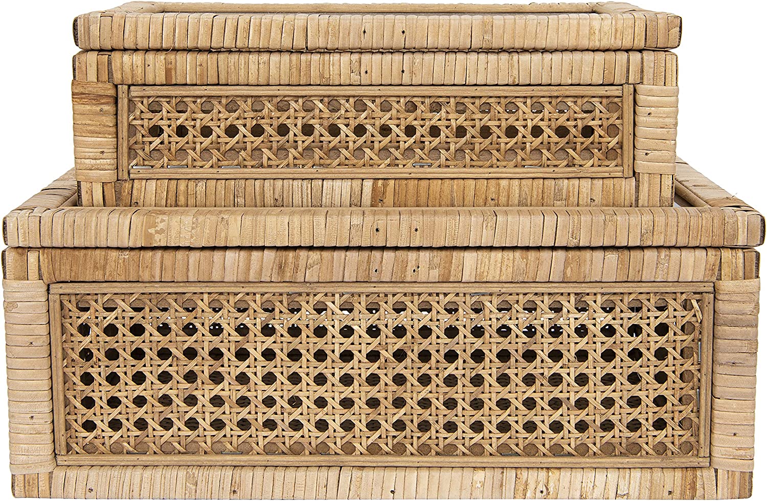 Creative Co-Op Boho Woven Cane and Rattan Display Boxes with Glass