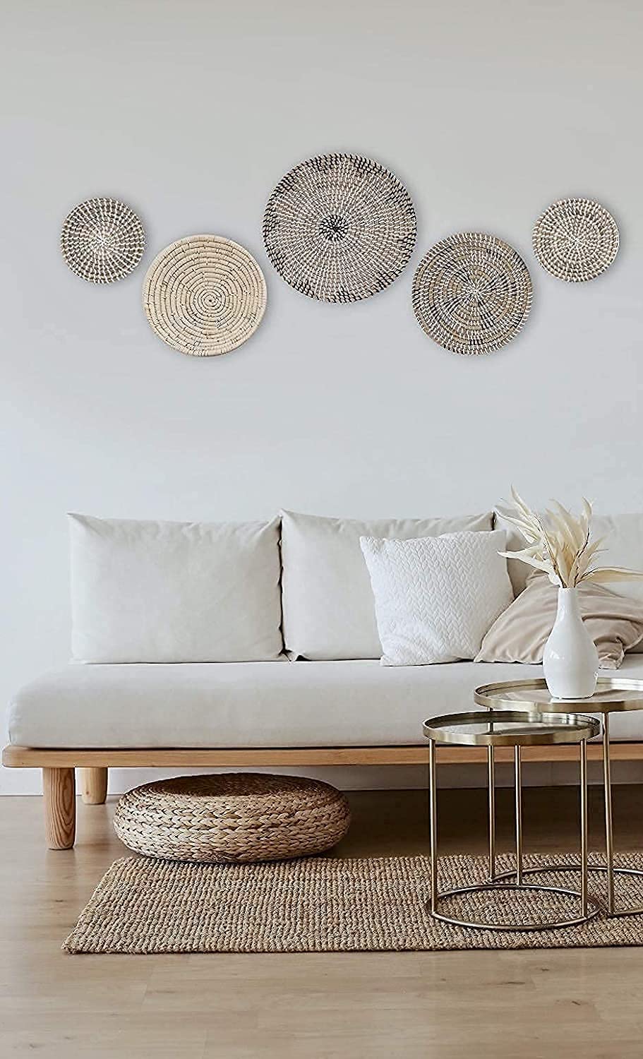 White and grey basket wall set, boho baskets, wall basket set, store woven wall hangings, living room wall decor, wall art, wicker basket set