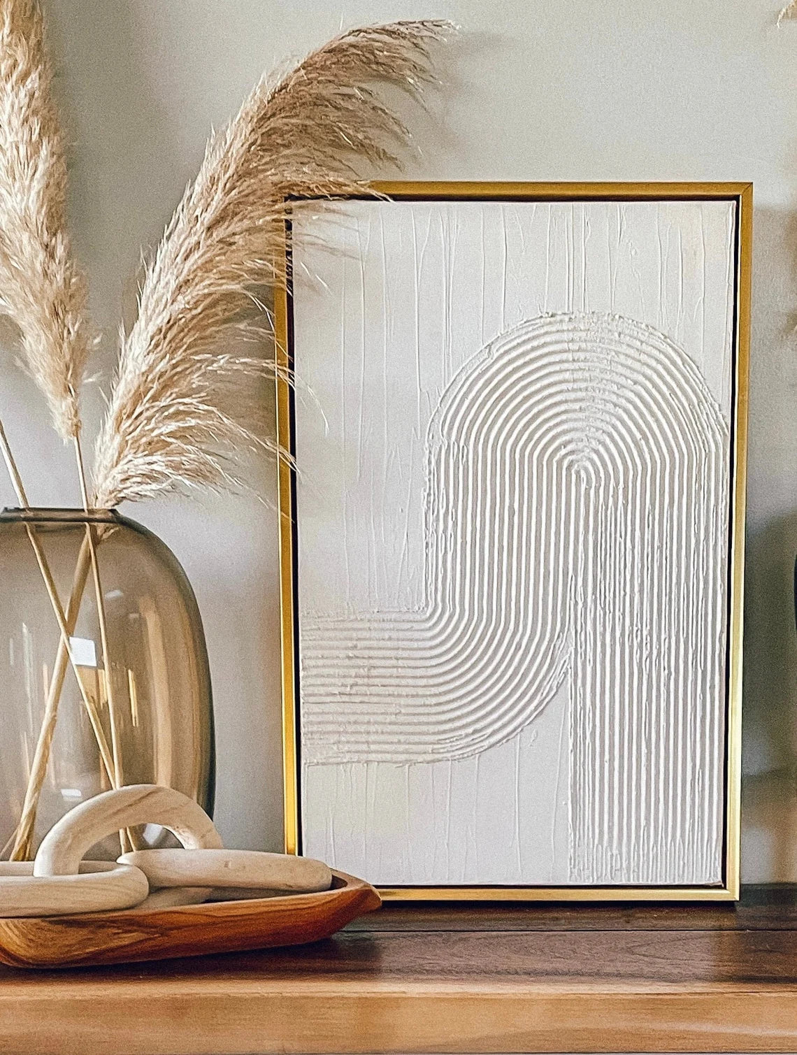 Gold Framed Plaster Canvased Painting White Arched Plaster Detailing Modern Boho Plaster Wall Art